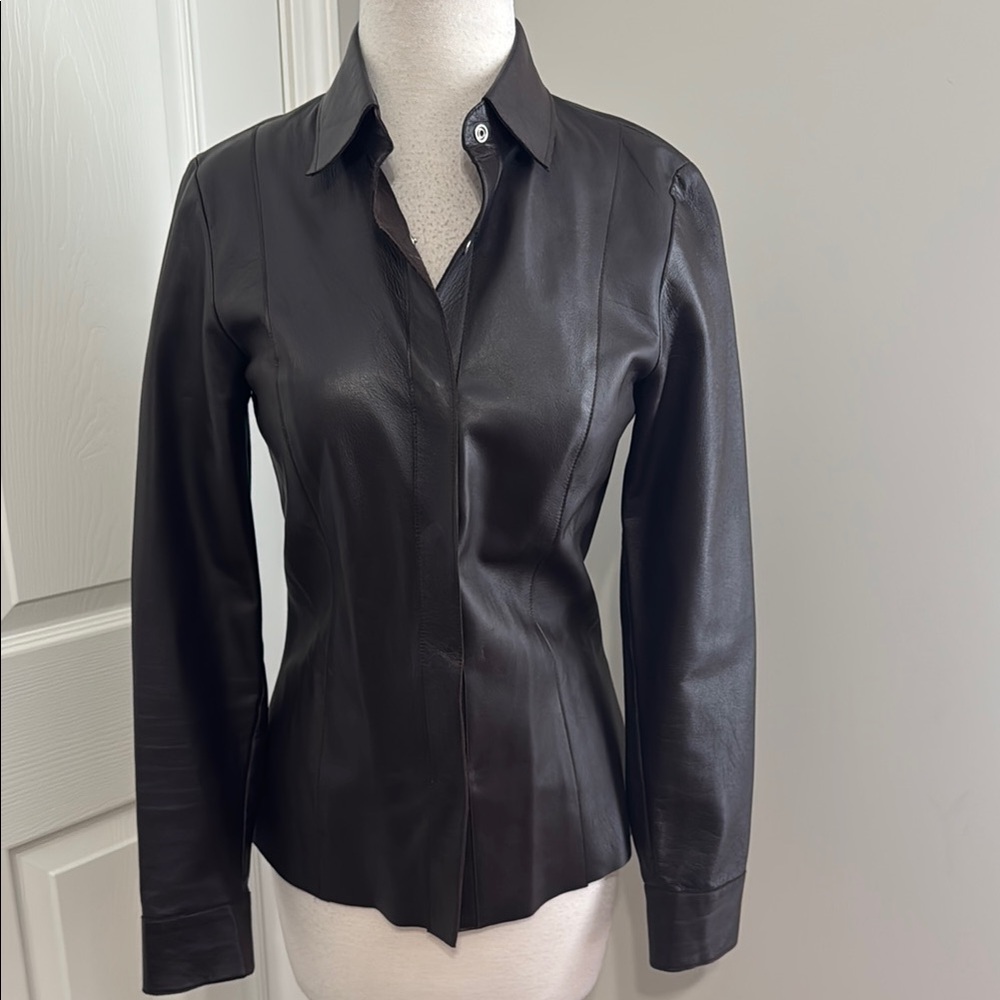 Buzz 18 vintage dark brown 100% leather long sleeve blouse/top/jacket, size S